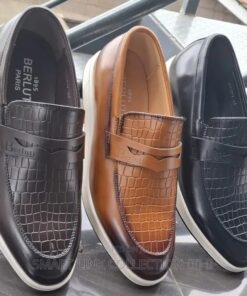 Berluti French Designer Fashion Croc-Embossed Leather Slip-On Loafers